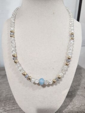 Clear Crystal Bead Necklace with Blue Accent and Gold Beads- Alexa Rae